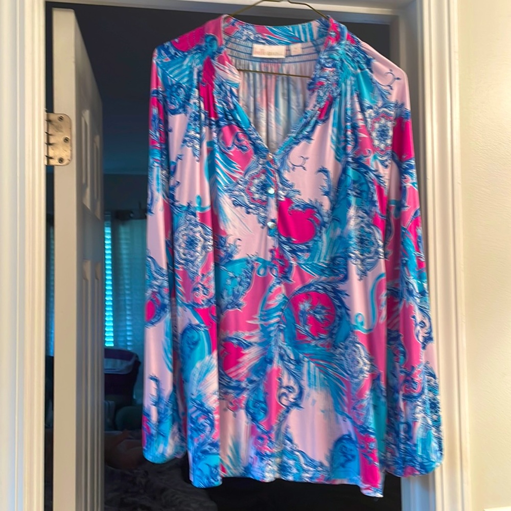 Belle By Kim Gravel Turquoise/Pink Print Blouse Sz Medium